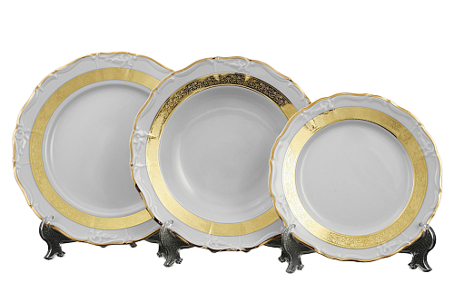 Набор тарелок 18пр с тарелками Золотая лента Слоновая кость