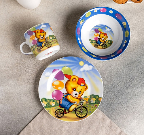 Набор детской посуды 3пр Мишка на велосипеде 