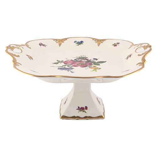 Поднос 32см квадратный с ручками на ножке 1шт Мейсенский букет Слоновая кость