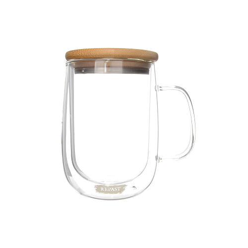 Кружка 450мл с двойным стеклом и бамбуковой крышкой Double Wall Repast