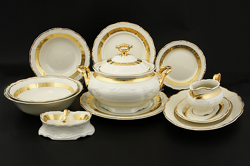 Сервиз столовый 6пер 26пр с супником и тарелками Золотая лента Слоновая кость Thun