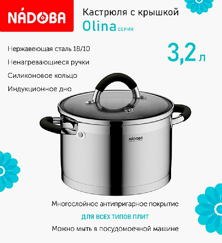 Кастрюля 20см 3,2л со стеклянной крышкой Nadoba Olina Кастрюля 20см 3,2л со стеклянной крышкой Nadoba Olina